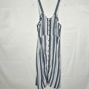 Terra & Sky Woman’s Sundress 0X Denim Blue and White Striped Strappy Linen Blend